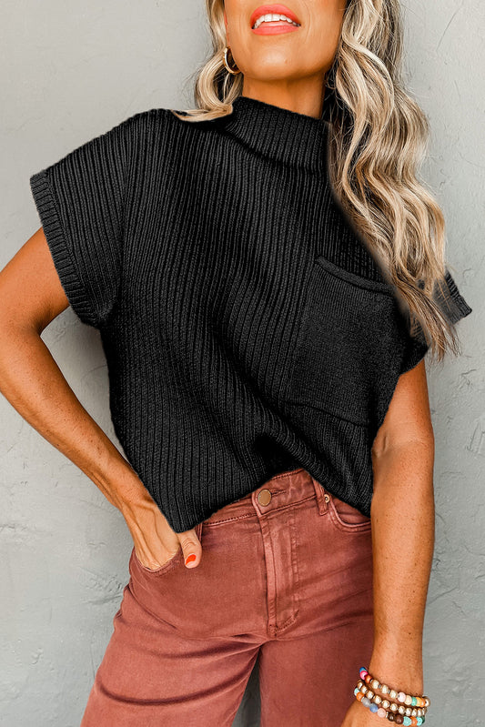 Black Patch Pocket Ribbed Knit Short Sleeve Sweater | Short Sleeve Sweater | TRENDMAKERMODE™ 