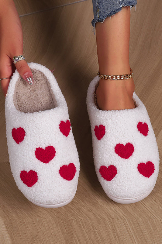 White Valentines Day Hearts Print Plush Slippers | Slides Shoes + Flip Flops | TRENDMAKERMODE™ 