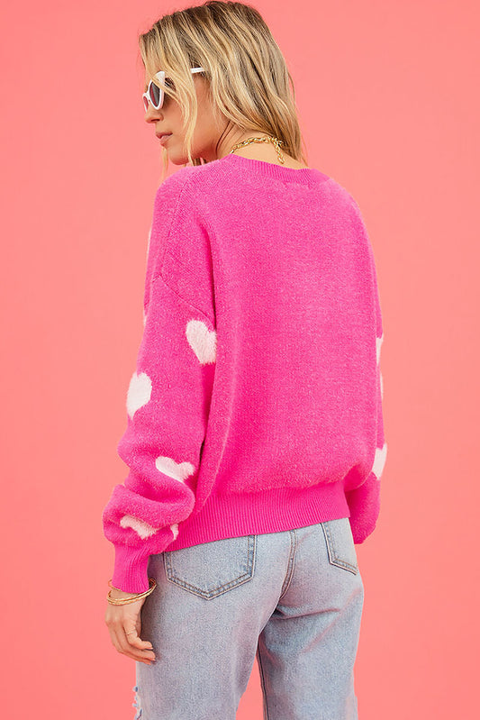 Bright Pink Fuzzy Valentine Hearts Drop Shoulder Sweater