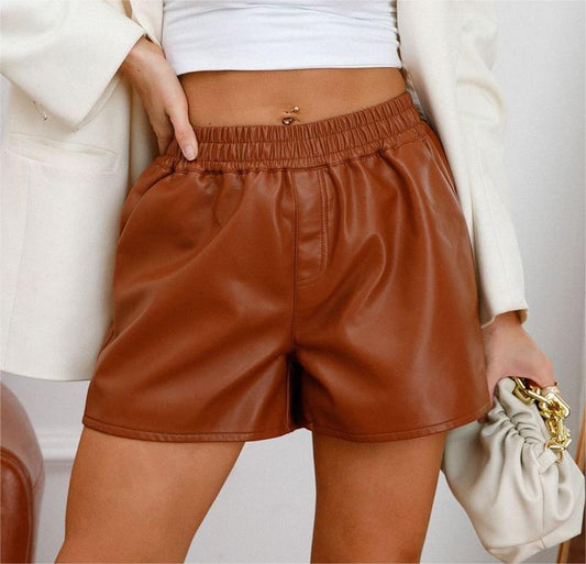 Women Simple Faux Leather Shorts Casual Loose Shorts Bottoms | NISHE