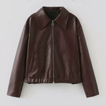 Early Spring Women Red Solid Color Square Collar Leather Jacket - Vignette | TRENDMAKERMODE™ 