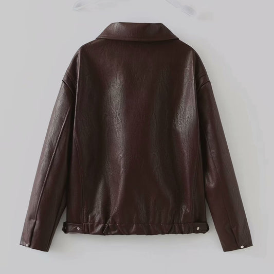 Early Spring Women Red Solid Color Square Collar Leather Jacket