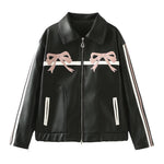 Spring Double Zipper Collared Loose Version Sweet Cool Bow Black Leather Coat Women - Vignette | TRENDMAKERMODE™ 