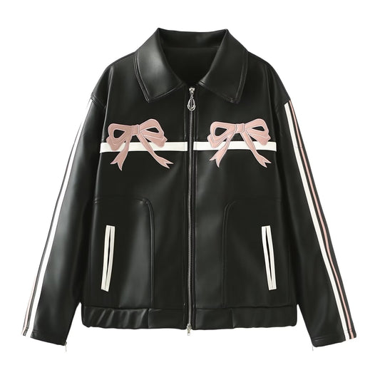 Spring Double Zipper Collared Loose Version Sweet Cool Bow Black Leather Coat Women | Everywhere