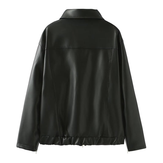 Spring Double Zipper Collared Loose Version Sweet Cool Bow Black Leather Coat Women