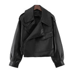 Women Loose Design Short Lapels Faux Leather Jacket Autumn Korean Motorcycle Leather Coat - Vignette | TRENDMAKERMODE™ 