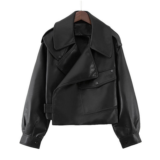 Women Loose Design Short Lapels Faux Leather Jacket Autumn Korean Motorcycle Leather Coat | SUMIDA