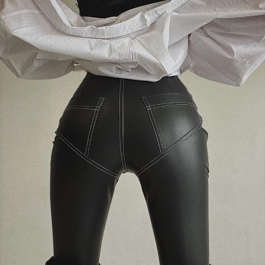 Women Faux Leather Stretch Tight Leather Pants High Waist Stitching Hip Lift Leggings | Fayer