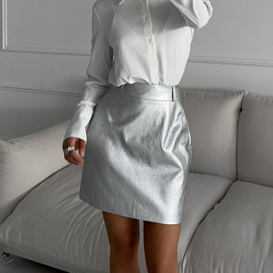 Women Clothing Silver Faux Leather Skirt High Waist Slimming All Matching Short Sheath Skirt | Kigali