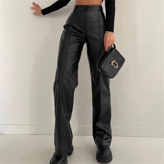 Women Clothing Faux Leather Trousers Autumn Winter Casual Pants Fried Street Cool Straight Leg Pants Figure Flattering Leather Pants Women | BESSY