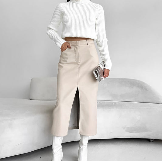 Light Khaki Fleece Lined Artificial Leather High Waist Slit Skirt Autumn Women | FOREVEREIGHTEEN
