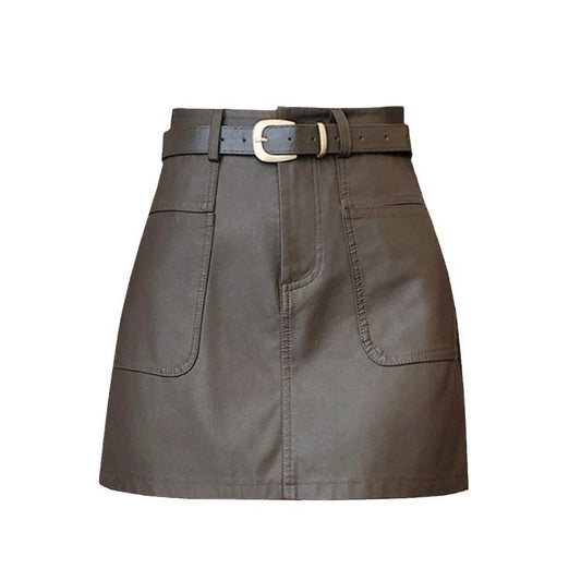 Coffee Color Small Leather Skirt With Belt Women Autumn Winter Faux Leather Skirt High Waist Slimming Package Hip Skirt