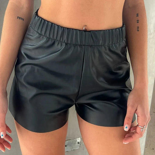 Women Clothing Solid Color Waist Tight Faux Leather Shorts Leather Pants Women Pants | SaturdayNight