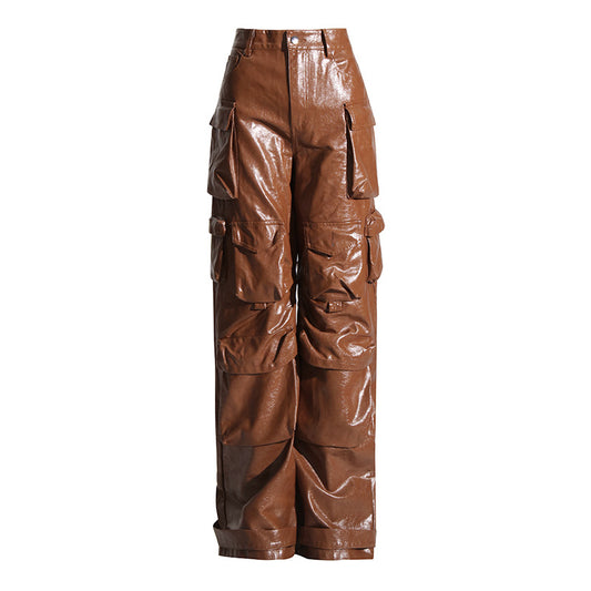 Unique Design Trousers Autumn High Waist Large Pocket Faux Leather Straight Leg Pants Profile Women | OFMY