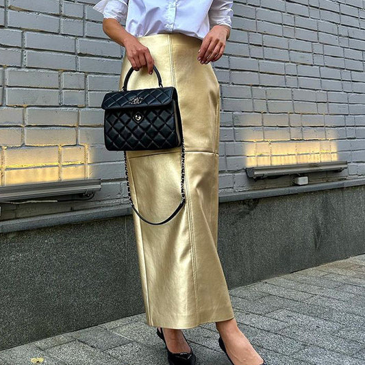 Elegant Stitching Design Metallic Faux Leather Skirt Sheath Skirt for Women | Kigali