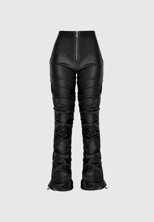 Tacked Vegan Leather Flared Trousers - Black