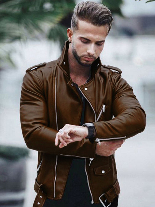 Men's stylish zipper leather biker jacket | kakaclo