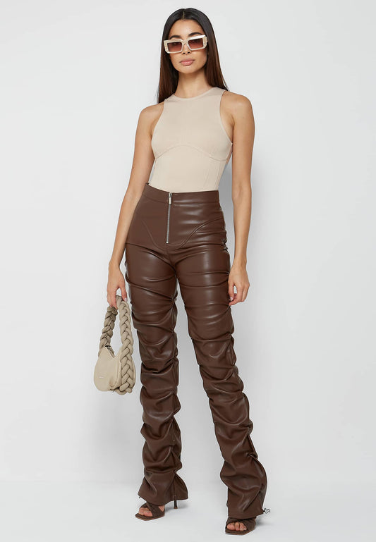 Tacked Vegan Leather Flared Trousers - Chocolate Brown