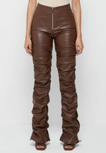 Tacked Vegan Leather Flared Trousers - Chocolate Brown - Vignette | TRENDMAKERMODE™ 